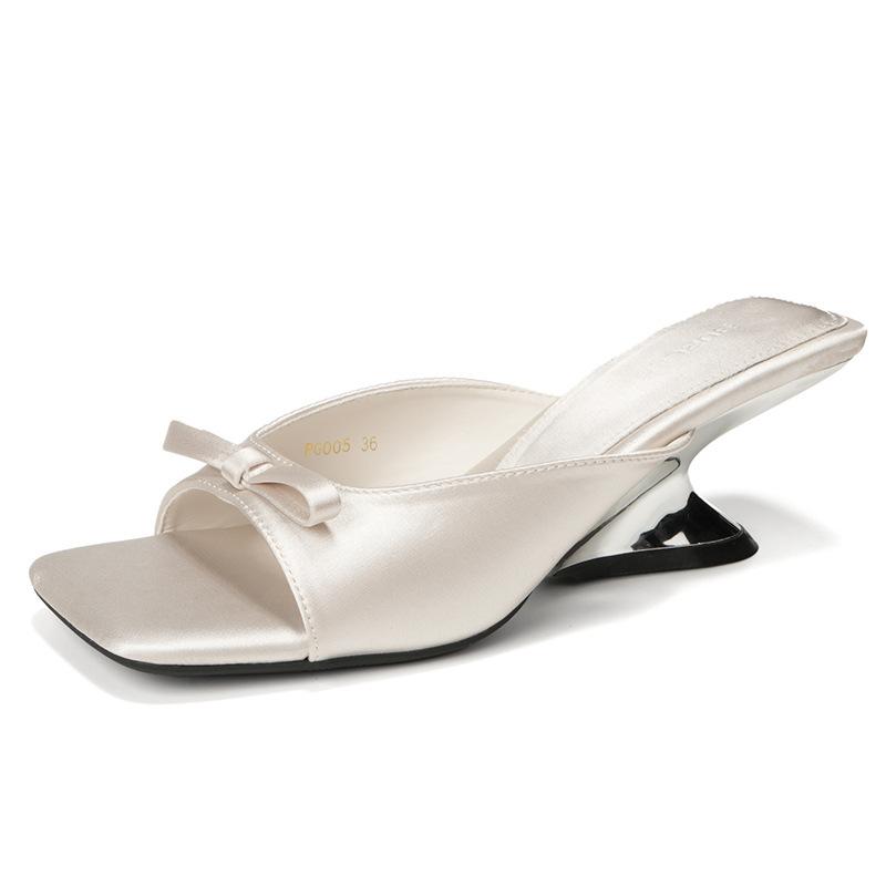 Gentle Wedge Heel One-word Slippers Women's Shoes Summer Wear New Bow High Heel Cool Slippers