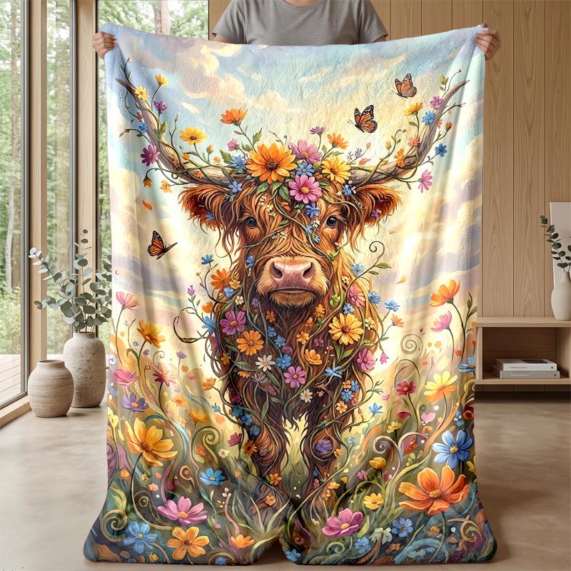 Flower Crown Highland Cow Theme Blanket Lightweight Warm Flannel Blanket Decorative Throw Blanket for Home Decoration