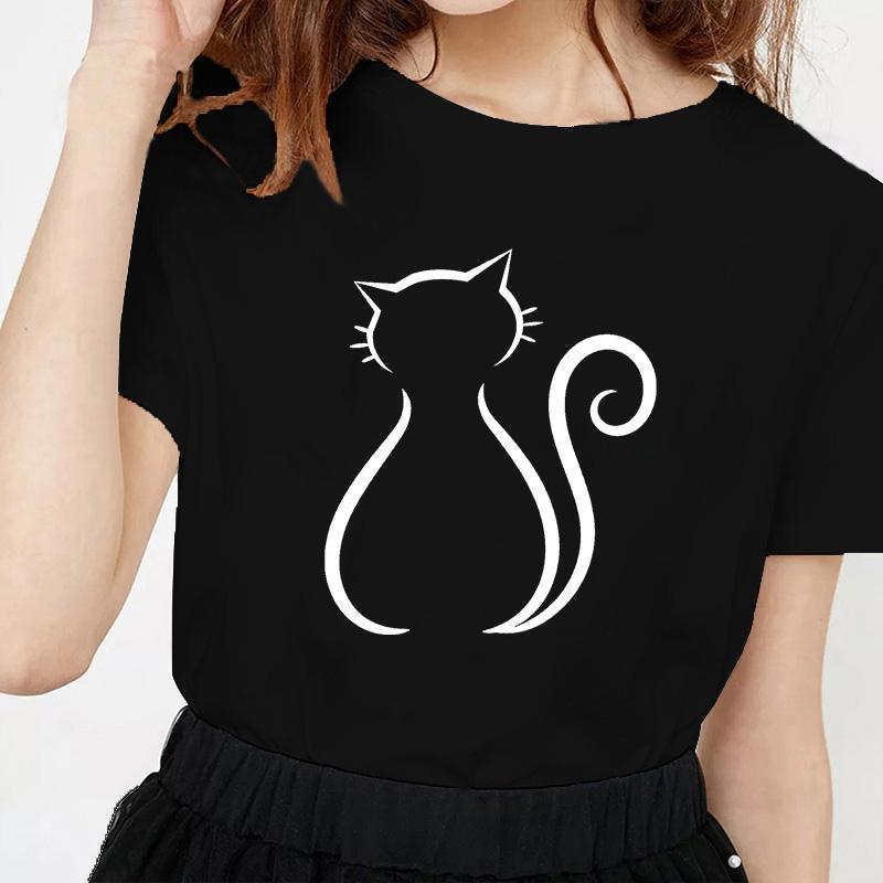 

Kawaii Cat Line Drawing Minimalist Print T Shirt Female Harajuku Aesthetic Streetwear Summer Clothes for Women Camisa Masculina 4XL