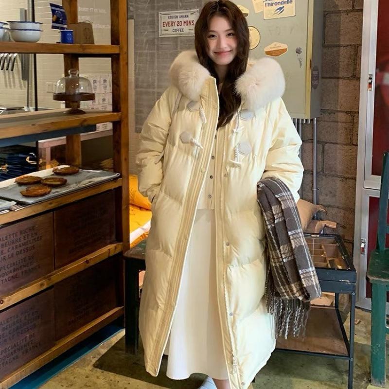 Fur collar down cotton clothes women's medium and long new knee horn buckle design sense fashion thickened winter coat