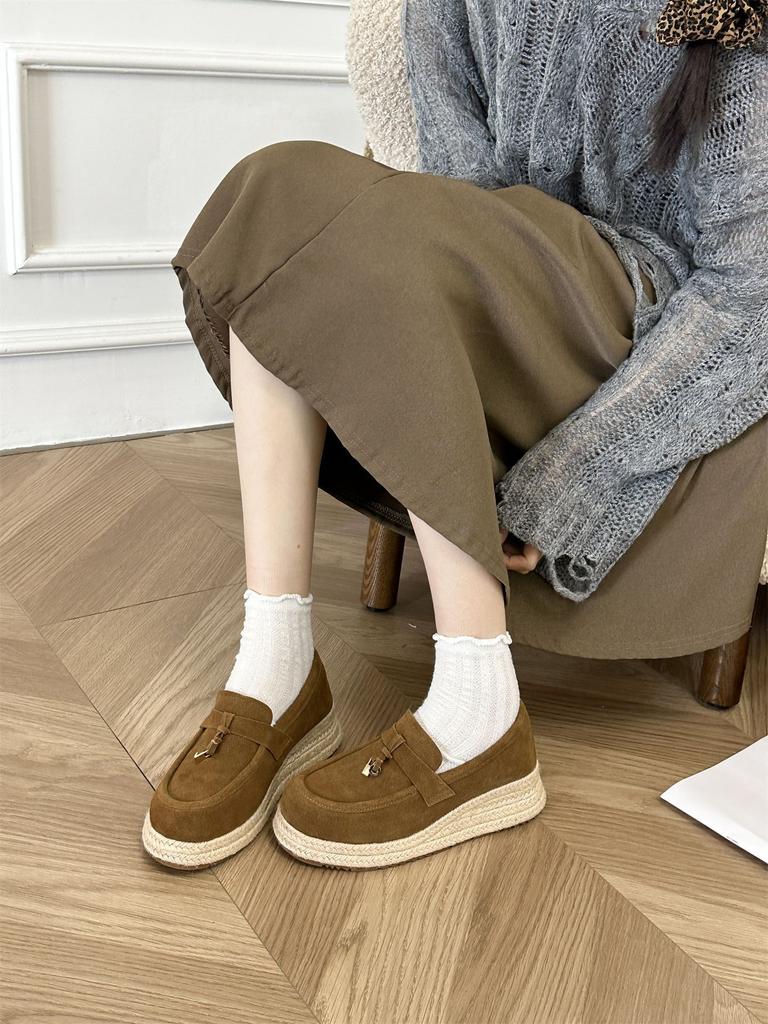 Old Qian Fengpo Heel Loafers Women's 2025 New Mao Mao Thick-soled One-pedal Single Shoes Linen Straw Fisherman Shoes