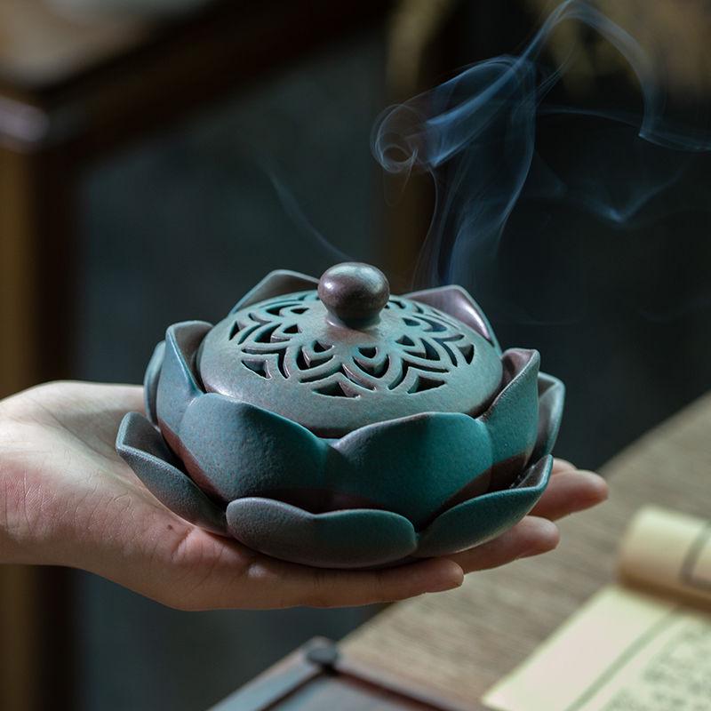 Lotus Ceramic Incense Burner, Ancient Style Indoor Diffuser for Sandalwood and Agarwood Coils