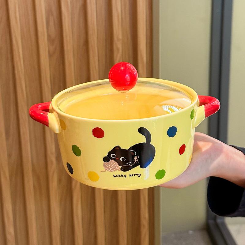 Cute Polka Dot Cat Instant Noodle Bowl Fruit Salad Dessert Bowl Student Dormitory Instant Noodle Bowl Girl Birthday Gift
