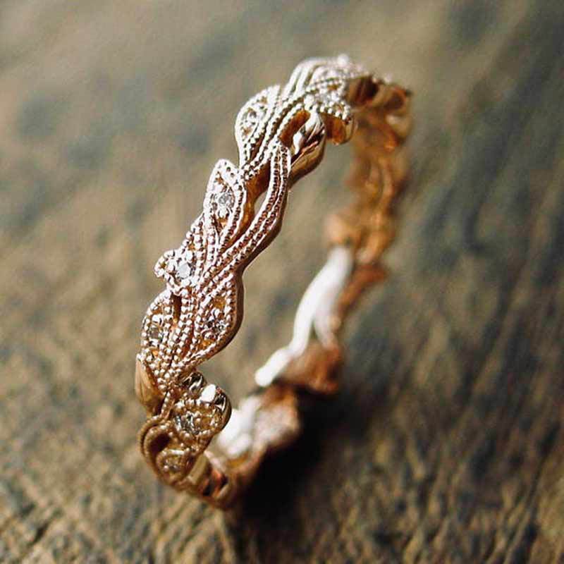 1Pc Leaf Inlaid Synthetic Zircon Ring, Rose Gold Fashion Ring