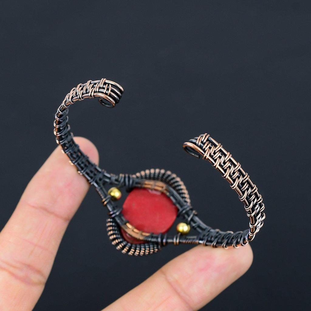 Red Praying Lady Carved Bone Face Handmade Latest Design Jewelry Bangle, 999 Copper Wire Wrapped Gemstone Bangle, Gift For Sister