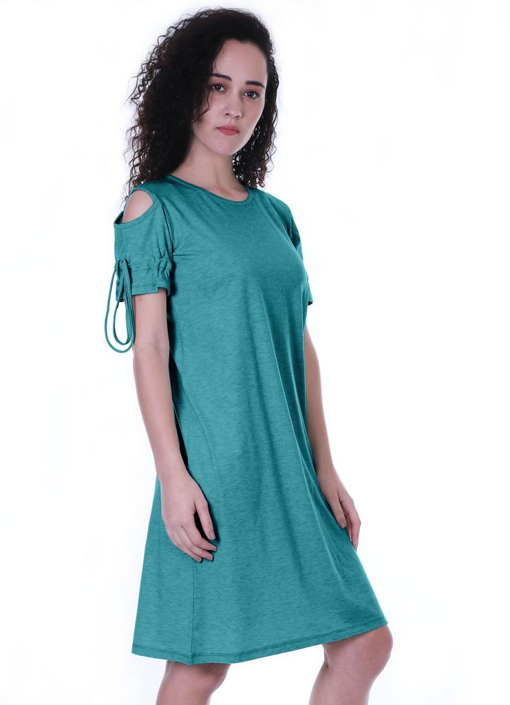 Moomaya Cold Shoulder T-shirt Dress Round Neck Casual Knee Length Summer Dresses For
