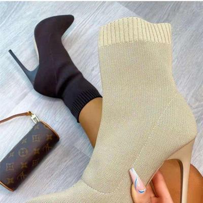 2024 Autumn High-Heeled Mid-Tube Knitted Elastic Sock Boots with Pointed Toes In Large Sizes