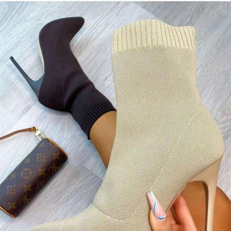 

2024 Autumn High-Heeled Mid-Tube Knitted Elastic Sock Boots with Pointed Toes in Large Sizes US 12 брудно-білий
