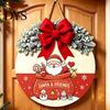Winter Atmosphere Decor Christmas Wooden Welcome Sign for Front Door, Round Hanging Ornament with Santa Claus Snowman Art Artificial Pine Branches