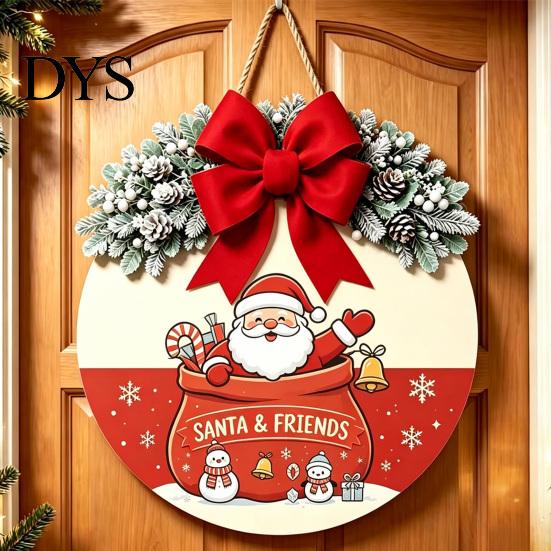 Winter Atmosphere Decor Christmas Wooden Welcome Sign for Front Door, Round Hanging Ornament with Santa Claus Snowman Art Artificial Pine Branches