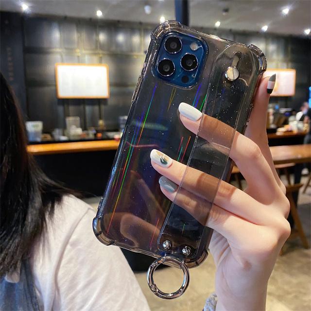 Shockproof Transparent Wrist Strap Laser Case For Iphone 14 13 12 Pro Max Xr Xs Max 13 14pro Max Clear Phone Holder Back Cover