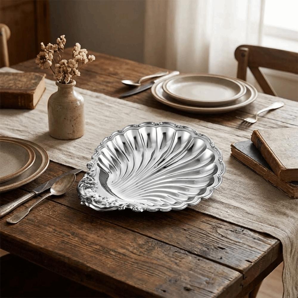 Vintage Dessert Plate Shell Shape Silver Color Embossed Food Tray Decorative Embossed Details Shell Shaped Dish Photo Props