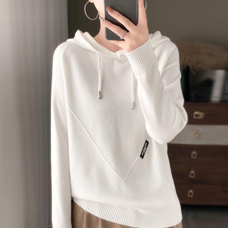 INDFS Women's Fashion Casual Fall Winter Solid Color Print Long Sleeve Hooded Sweaters