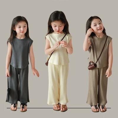 Seta Ghiaccio Bambini Ragazze Abiti Estivi Top Senza Maniche Pantaloni Larghi Set Abbigliamento Bambini Moda Coreana Tuta Bambino