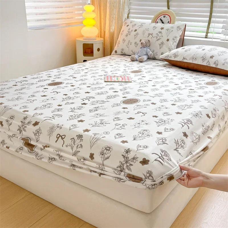 Kawaii Bear and Rabbits Printed Fitted Sheet Set Pure Cotton Cartoon Animals Mattress Cover for Kids Boys Girls Bedroom Decor