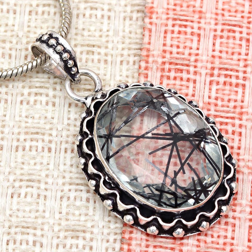 Black Rutile Set Pendant Jewelry Earring 18-20'' Gemstone Handmade