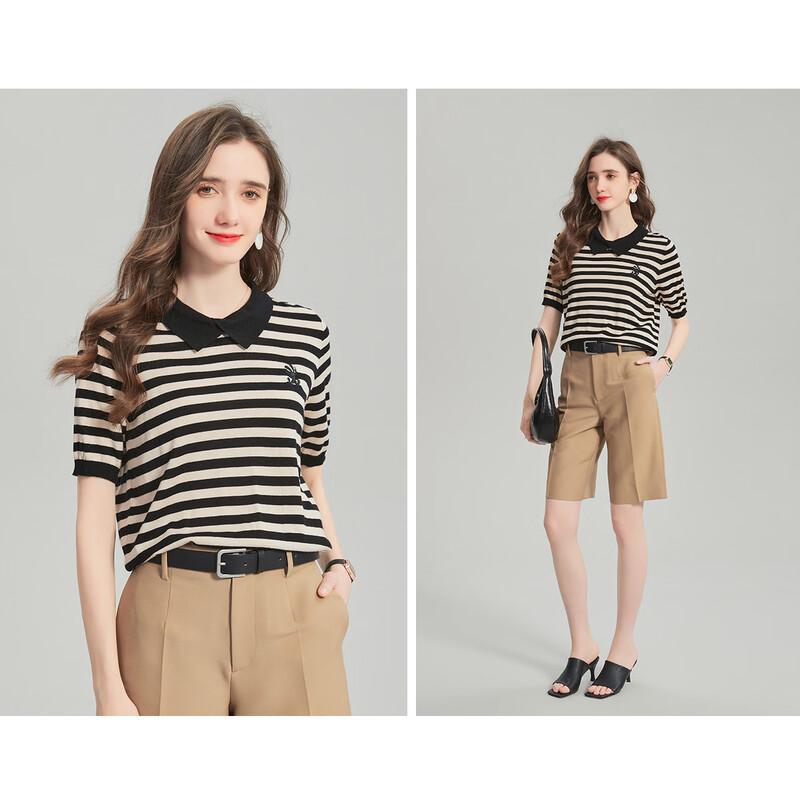 Snowforte Women's Striped Wool Blend Short-Sleeve Polo Knit Top