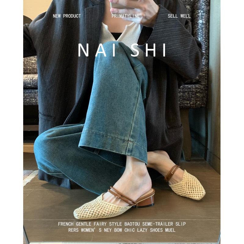 

Sheepskin version! Retro beach sandals women s summer vacation style casual woven hollow bag head half slippers outer wear 39