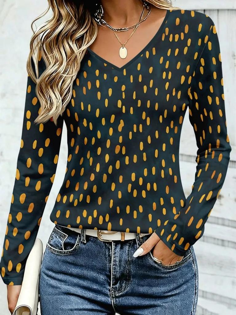 Fashion Women's V-Neck Long Sleeve 3D Casual Color Printing Casual Long Sleeve V-Neck T-Shirt