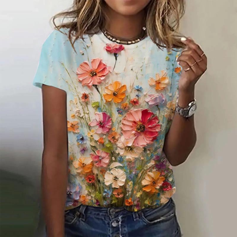 Women's T-Shirt Summer Short Sleeve Casual The Beautiful Flowers Print Top Funny Pattern Pullover Shirts