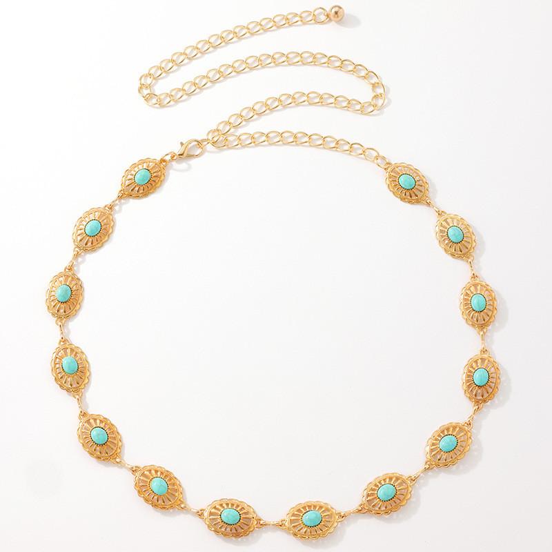 Hollow Turquoise Ladies Metal Waist Chain With Pearl Detailing For Spring Summer And