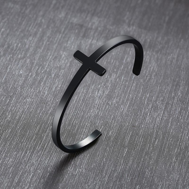 Vnox Stylish Cross Bangle for Women Men, Glossy Stainless Steel Cuff Bracelet, Unisex Religious Faith Jewelry