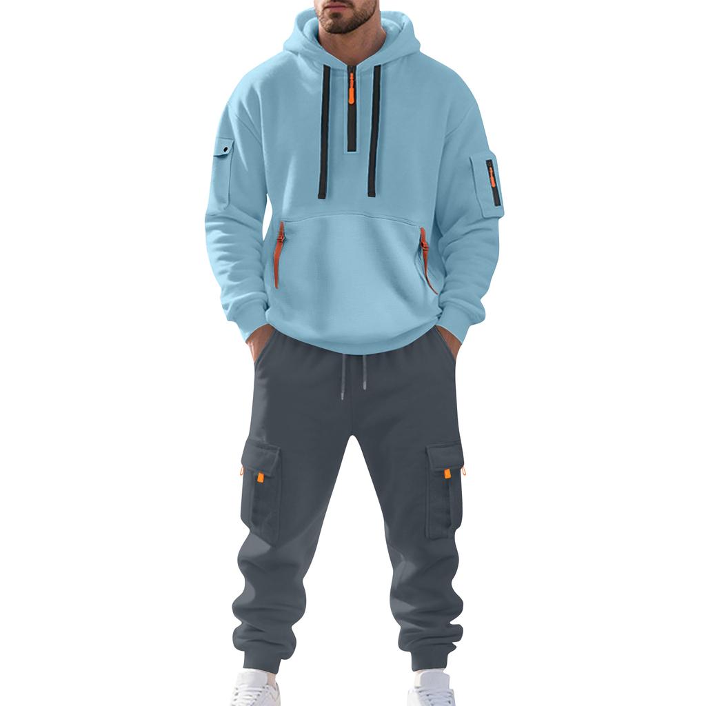 Pánský jednobarevný ležérní oblek Volná sportovní mikina s kapucí s kapsami Kombinéza s více kapsami
