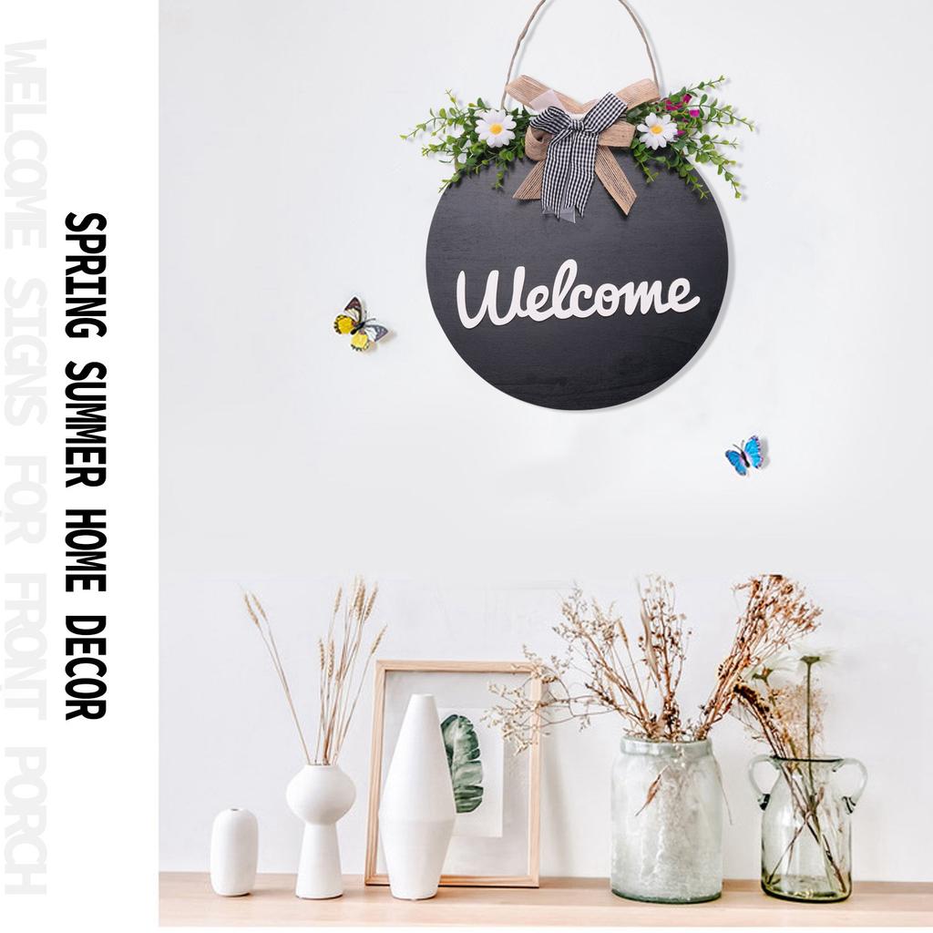 Lighted Welcome Wreath Sign Front Door Porch Decor Rustic Round Wooden Hanging Hello Sign Outdoor Spring Summer Decor