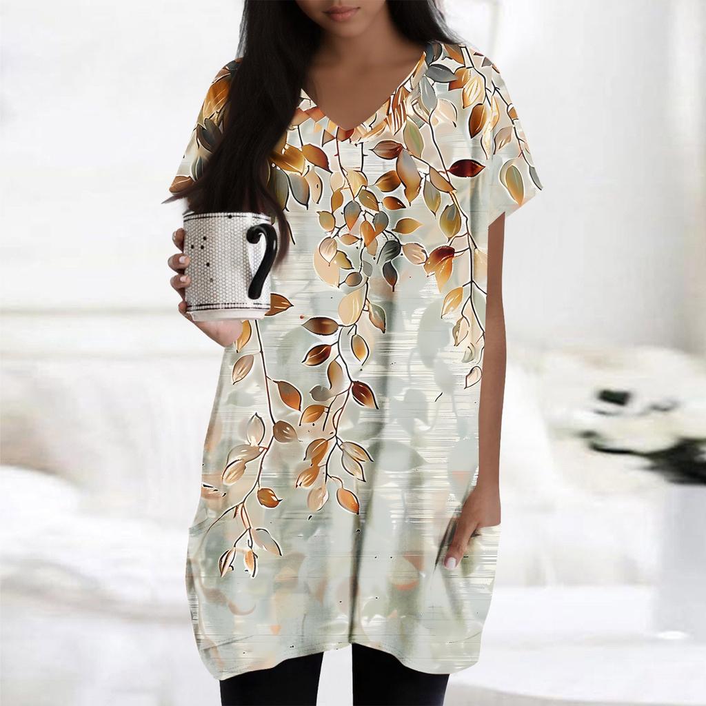 Womens Tops V-neck Short Sleeve Blouses Casual Mid-length Shirts Fashion Print Tunic Tops With Pockets