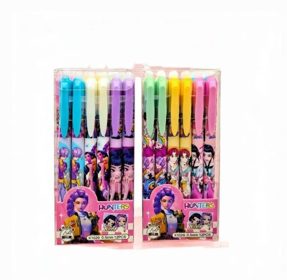 12pcs  Kpop Demon Hunters 0.5mm Erasable Gel Pen - Refillable & Retractable Black Ink Friction Pen for School Office Supplies