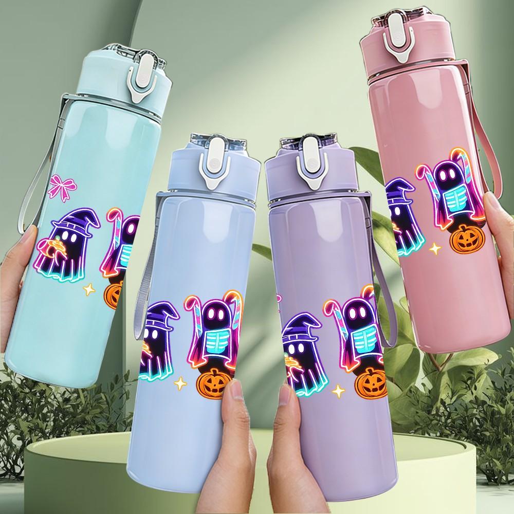 1PC Colorful Halloween Ghost Cartoon Print 750ml Color Plastic Sports Water Bottle Leakproof Flip Straw Lid Suitable for Sports Office Home Use