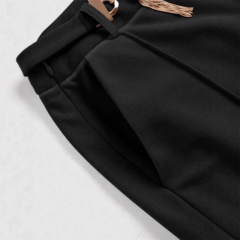 Women's Spring and Autumn Metal Belt with High Waist Vertical Suit Pants