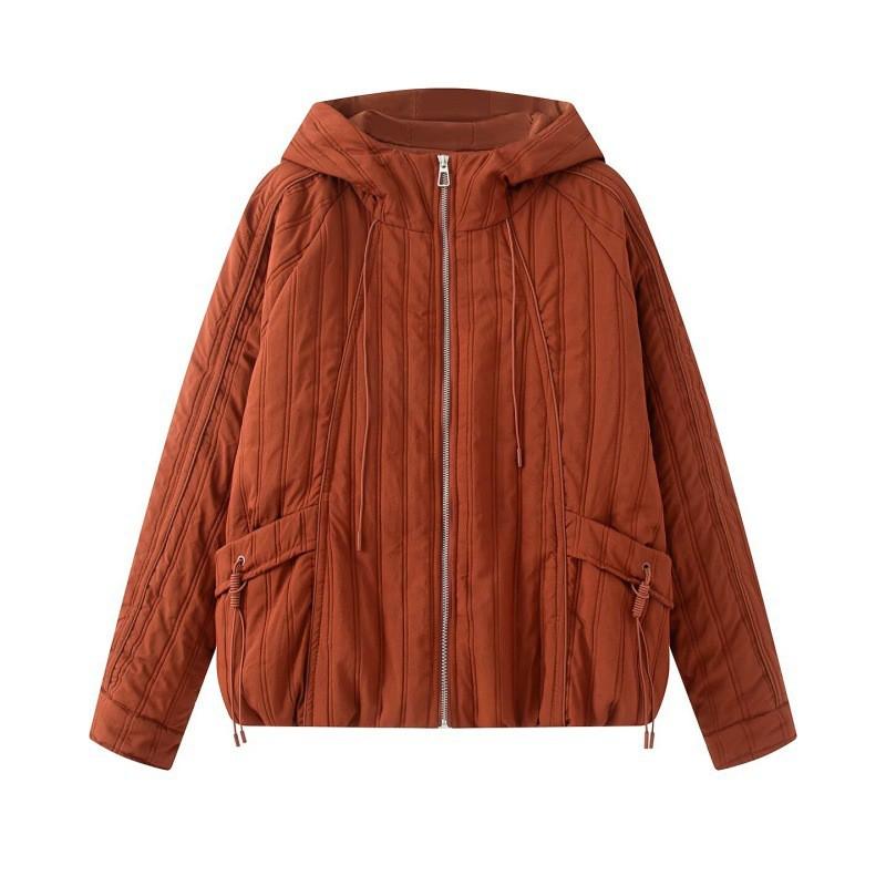 Womens Vintage Casual Hooded Cotton Jacket Striped Double Line Fall Winter Daily Wear