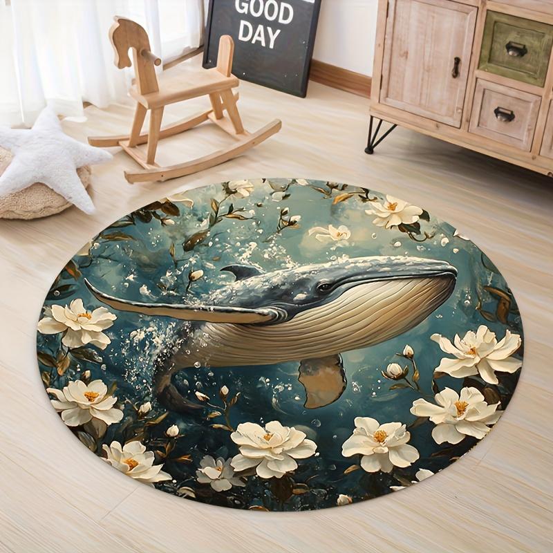 Flannel Printed Round Rug With Whale And Flowers Design For Living Room Home Decor Soft Floor Mat Nature Inspired Art