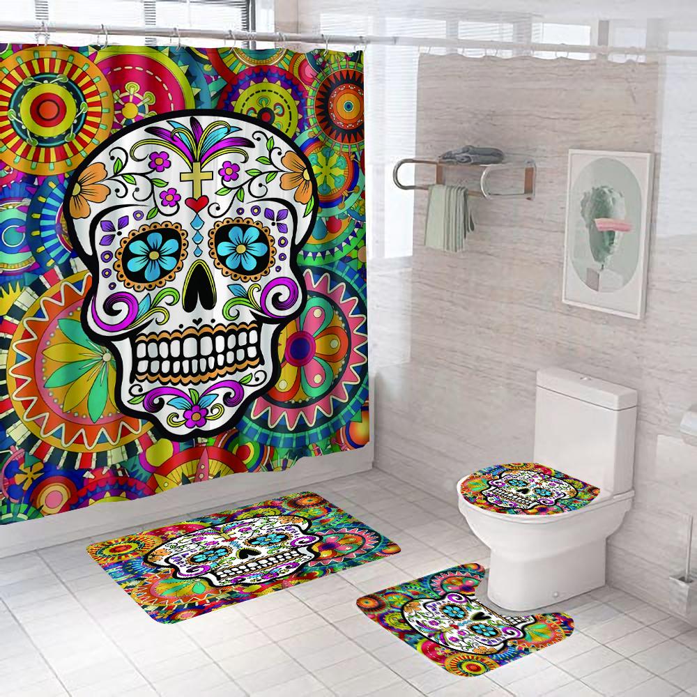 Black Skull Skeleton Printed Shower Curtain Set Horrible Halloween Festival Bathroom Decor Pedestal Rug Lid Carpet Toilet Cover