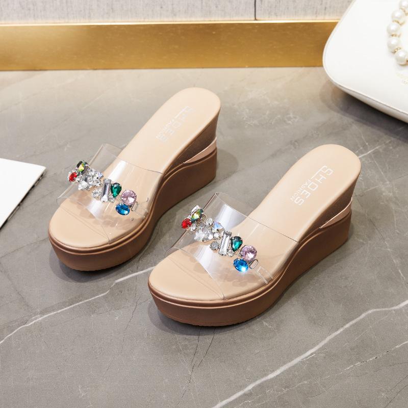 2025 Women's Chain Platform Wedge Sandals: Summer Holiday Style with 9.0cm Thick Sole & Rhinestone Details