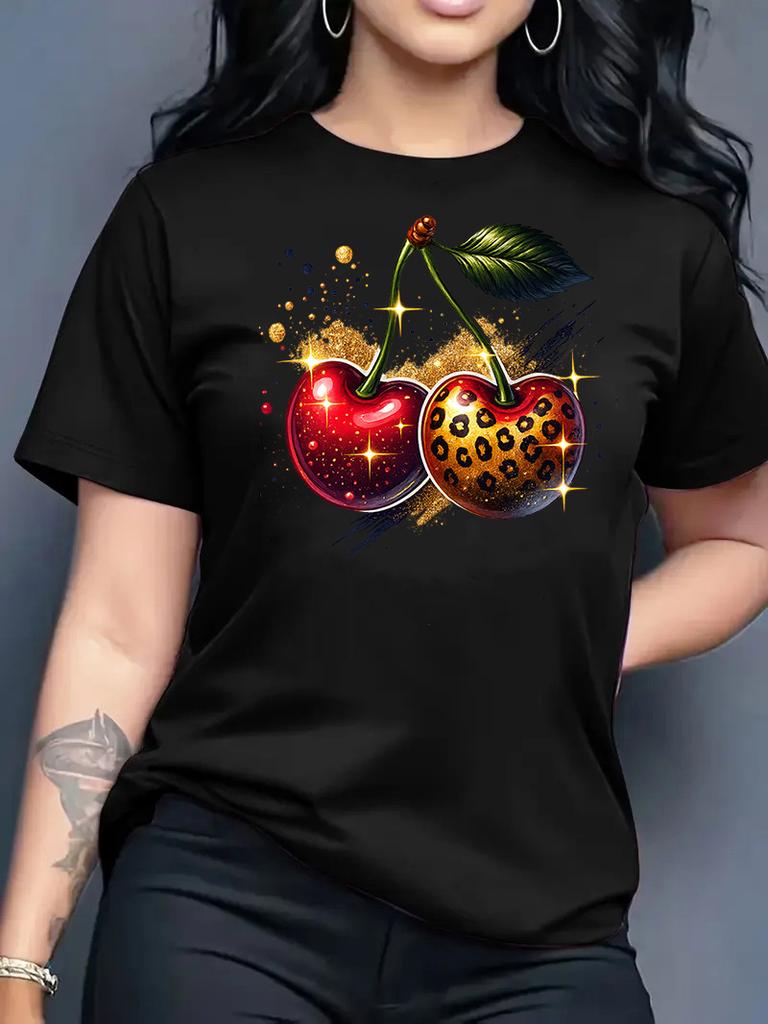 2026 Summer New Round Neck Short Sleeve Women Top Fashion Casual Loose Apple Print Simple Versatile T-Shirt Women Clothes
