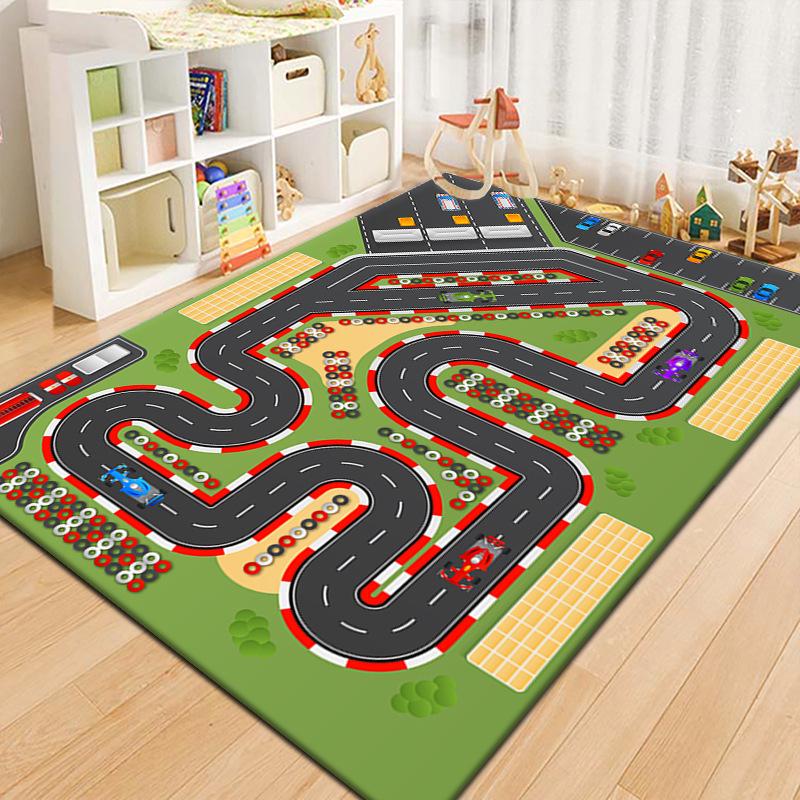 Cartoon Roadway Velvet Rug: Durable, Dirt-resistant Play Mat for Kids