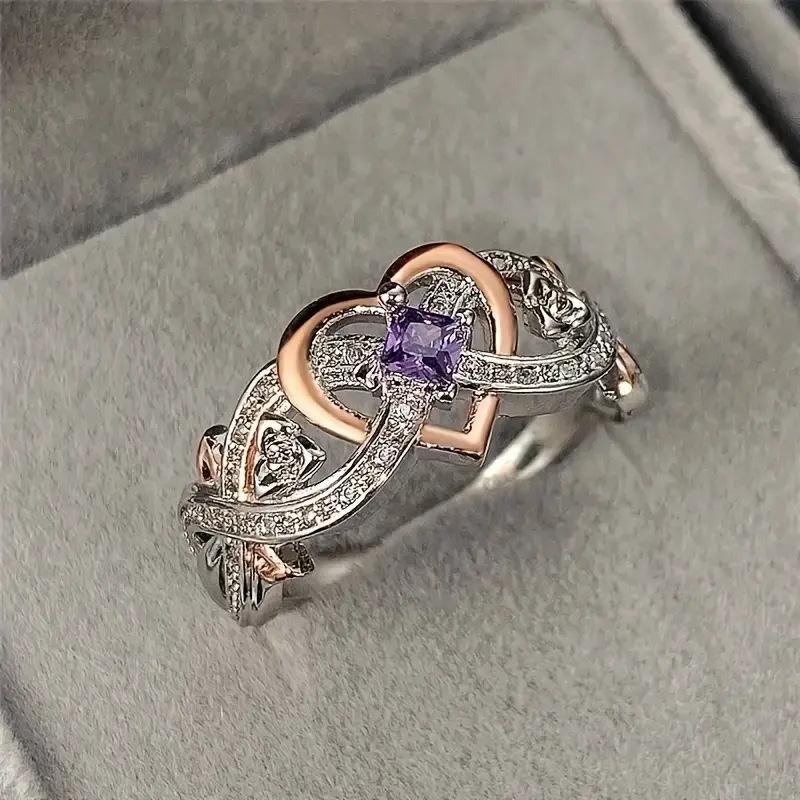 Jewelry Fashion Rose Princess Square Diamond Two-Color Heart Zircon Engagement Ring Manufacturer
