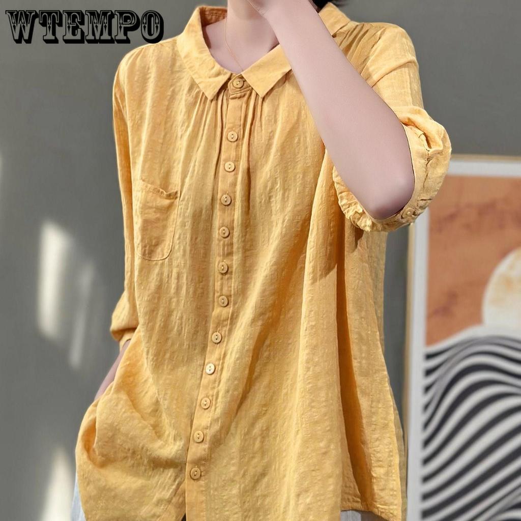 Solid Color Five Quarter Sleeved Shirt for Women's Summer Vintage Artistic Single Breasted Fashionable Loose Top