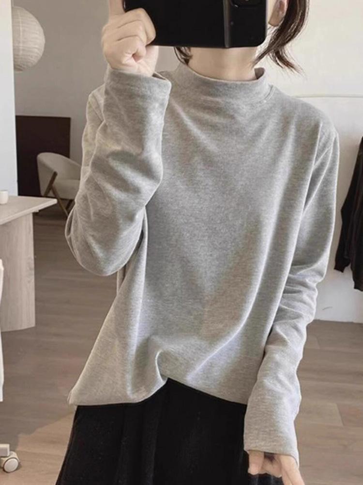Apricot Soft Sticky Half-High Neck Women's Oversized Long-Sleeve Base Layer Top - Autumn/Winter European Style.