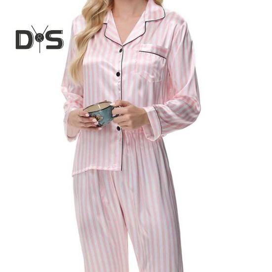 2Pcs Women Silk Satin Pajama Set Lapel Button Down Tops & Pants Set Stripe Loose Sleep Shirt & Elastic Waist Pants Loungewear Outfit