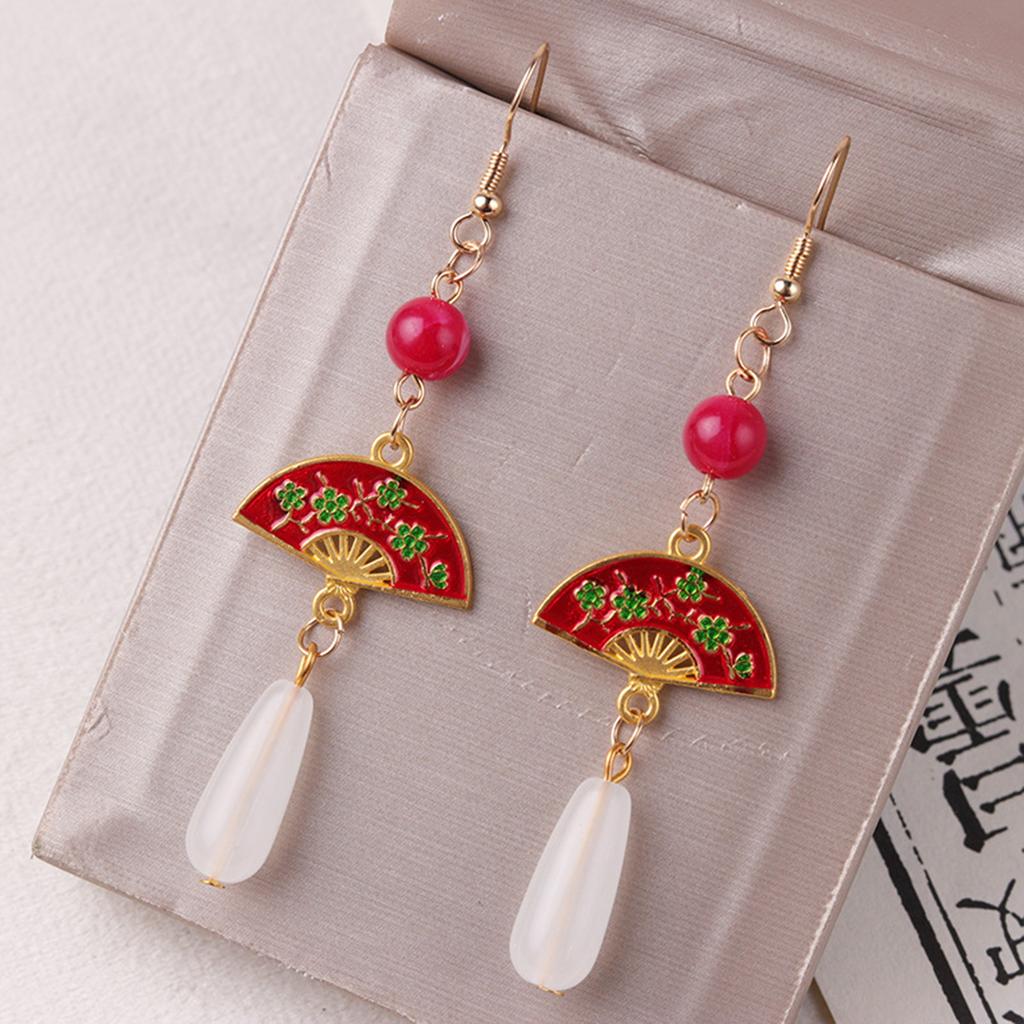 Chinese Fan Pendant Drop Earrings Elegant Retro Style Green/White Jade Earrings for Festival Wedding Party Head Decor