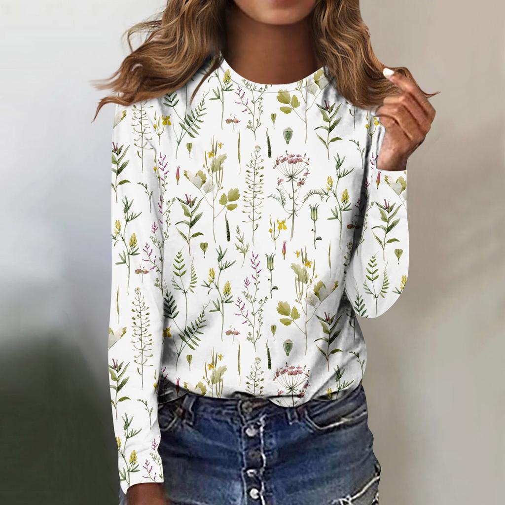 Women's Fashion Casual Long Sleeve Vintage Printed  Neck Top