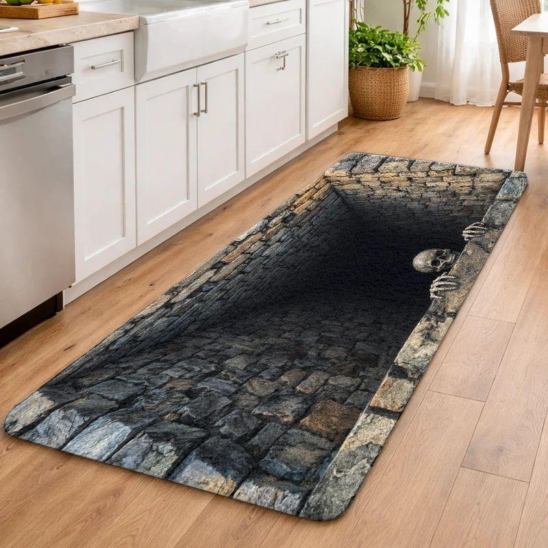 3D Visual Trap Skeleton Deep Pit Door Mat, Spooky Non-Slip Entry Rug, Gothic Aesthetic Halloween Thrilling Home Decor Mat