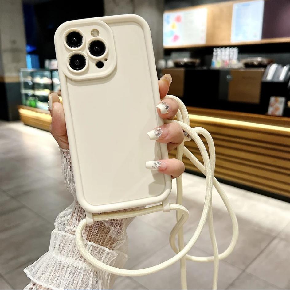 Coque de téléphone pour iPhone 14 13 15 16 Pro Max 17 Air 16E 12 11 X XS 8 Plus SE2022 Cordon de lanière réglable en bandoulière Corde Housse souple iPhone 15 blanc