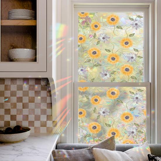 4 Sheets Rainbow Floral Window Privacy Film Stained Glass Decorative Decals Sun Blocking Heat Control Static Glass Clings for Bedroom Living Room