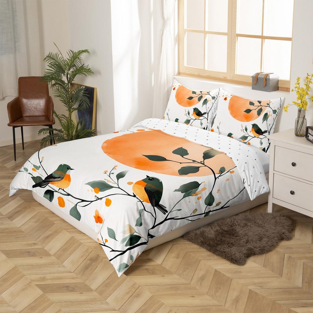 Homewish Modern Minimalist Duvet Cover Set, Chic Bird Bedding Set, Botanical Leaves Quilt Cover Set, Bedroom Decor