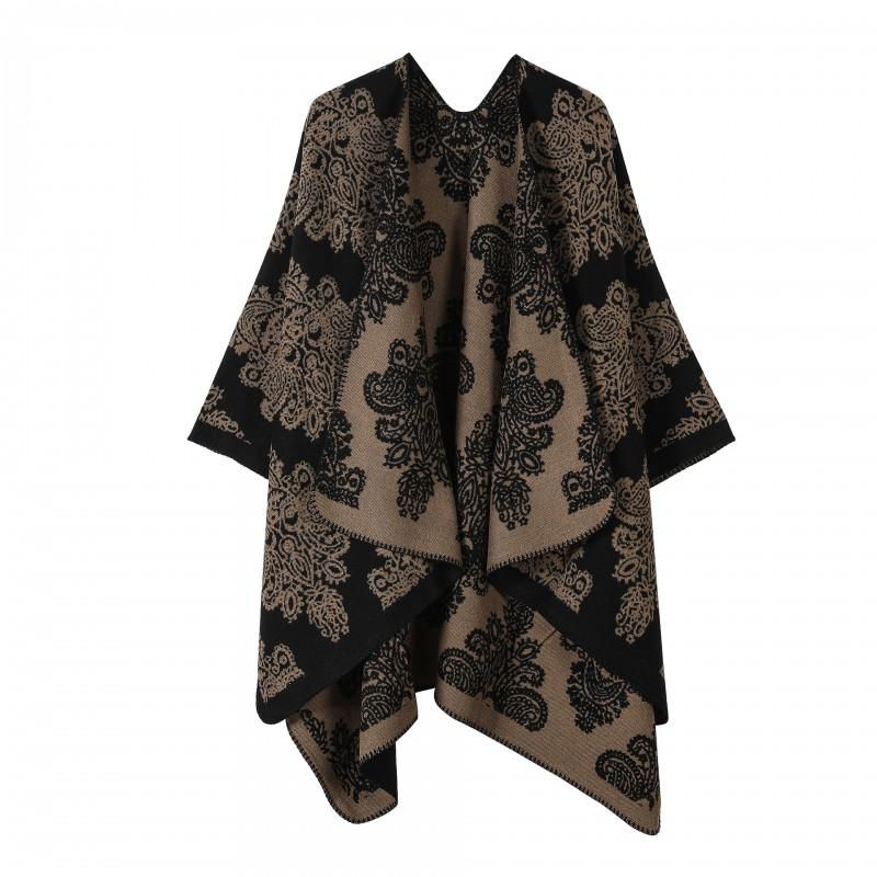 Womens Oversized Knit Shawl Cardigan Vintage Ethnic Floral Print Warm Acrylic Wrap Scarf Winter Travel Photos