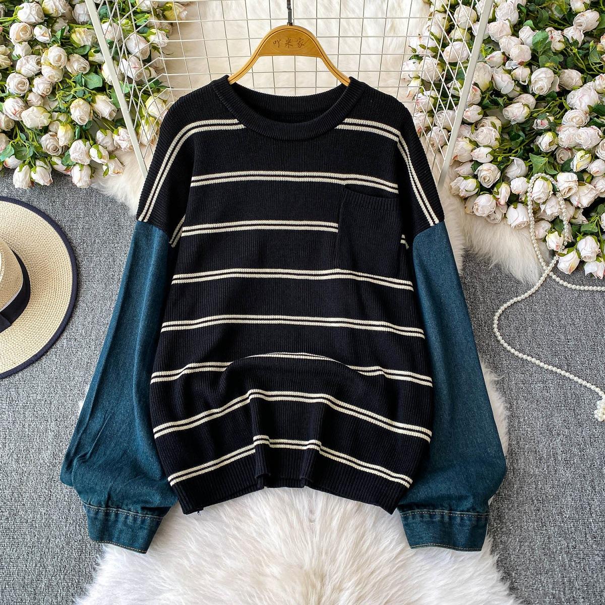 

Корейский нишевый неконфликтный свитер в полоску с джинсовой вставкой, с длинным рукавом, женский осенне-зимний вязаный свитер, свободный ленивый топ L чёрный